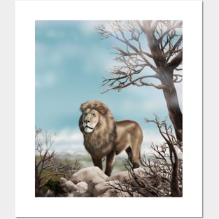 Lion king a wild animal. Wild African lion in nature. Retro style. Realistic Oil painting illustration. Wildlife ART Hand Drawing Posters and Art